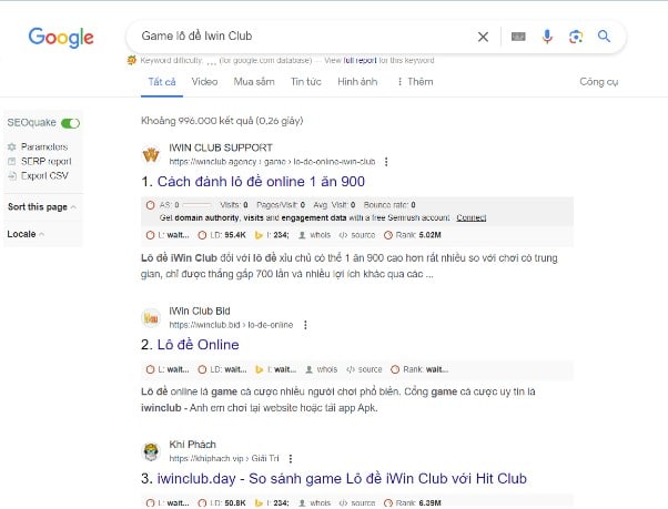 Kết quả tìm kiếm từ khóa “Game lô đề Iwin Club” trên Google